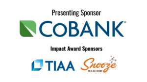 2026 3 - Denver Urban Gardens - Denver Urban Gardens Presenting sponsor Cobank logo with'Presenting Sponsor' text above; below, 'Impact Award Sponsors' with TIAA and Snooze logos visible.