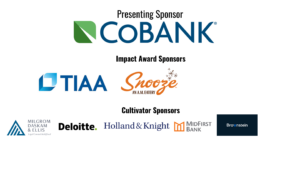 Sponsorship wall: Presenting Sponsor COBANK logo at top, then Impact Award Sponsors TIAA and Snooze with logos beneath, followed by Cultivator Sponsors logos in a grid on a white background.