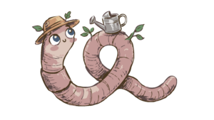 Whimsical pink snake wearing a brown hat with tiny green leaves, balancing a metal watering can on its head and plant sprouting nearby