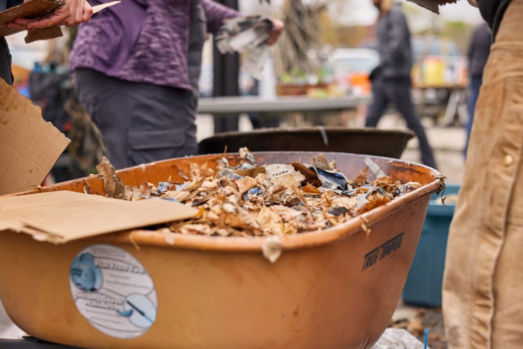 leaves in a wheelbarrow