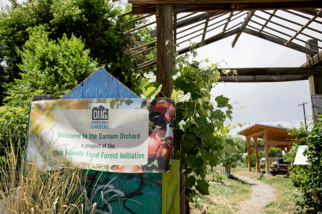 Moody_ElevatedDB_CommGarden__0182 - Denver Urban Gardens entrance sign to barnum food forest