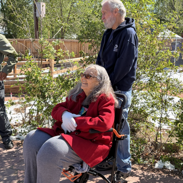 Older woman in a red coat seated in a wheelchair, being pushed by a man outdoors in a sunny garden setting with greenery nearby.