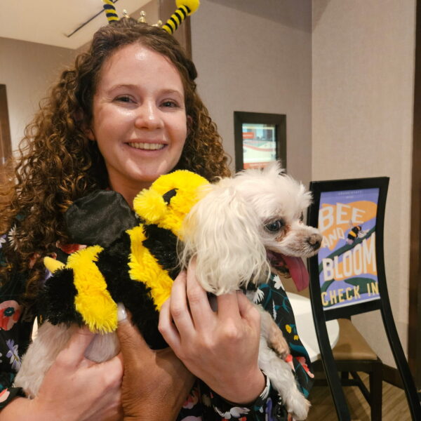 person holding dog in bee costume