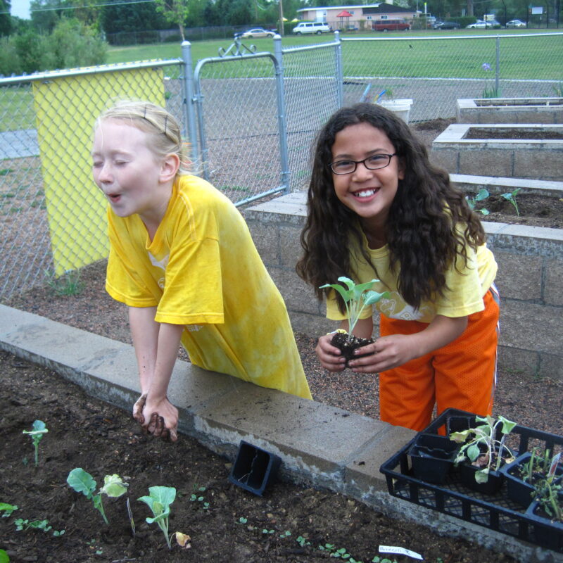 Two children in yellow shirts plant young seedlings in a raised garden bed, smiling as they work outdoors behind a chain-link fence.