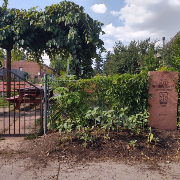 Gate to a community garden with a large vine-covered arch and a sign reading 'Historic Baker Neighborhood Community Garden'