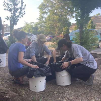 Group of volunteers kneeling around white barrels lined with black bags, gardening outdoors in a park setting.