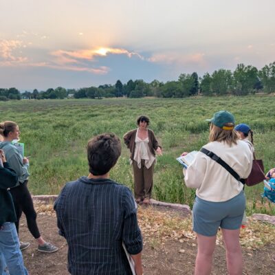 Group of people standing in a grassy field at sunset, listening to a woman speaking in the center.