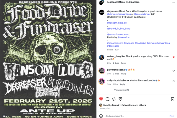 Event poster for a metal/doom show featuring a skull graphic and jagged neon-green typography, with date February 21st, 2026 and venue details at the bottom (advertising donations).